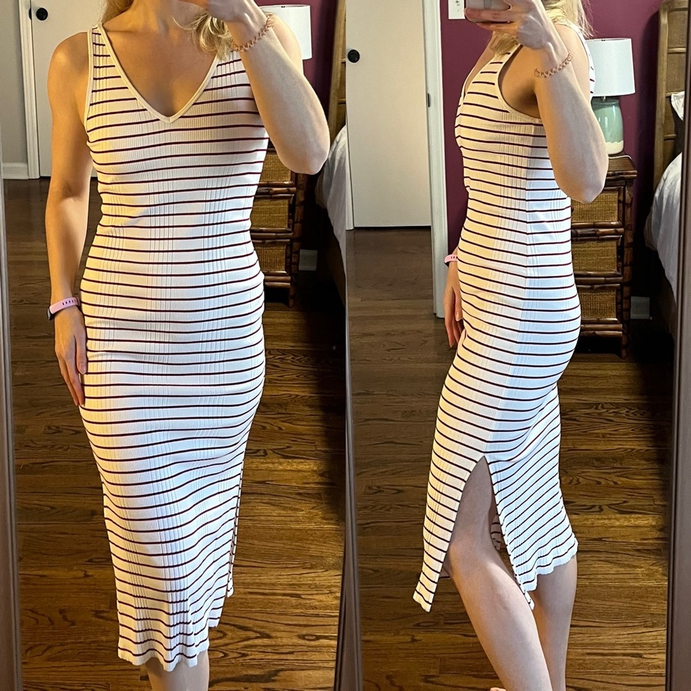 BANANA REPUBLIC Striped Ribbed Midi Dress Side Slits White Red V-Neck Size Small